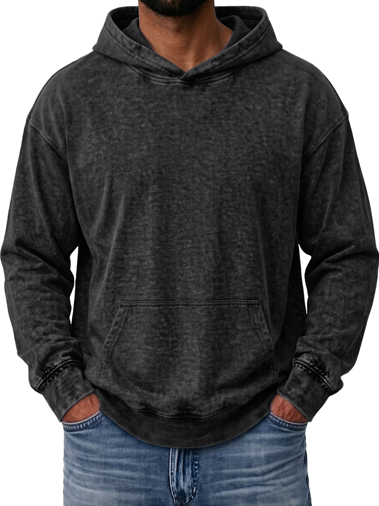 Men's Washed Cotton Hooded Sweatshirt with Pockets and Distressed Finish