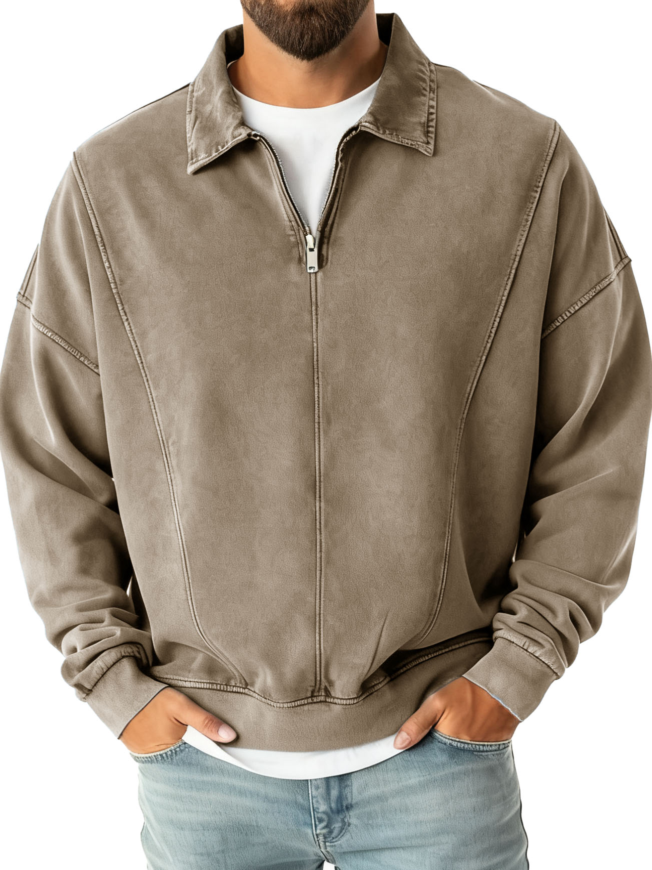 Men's Fashion Casual Stitching Lapel Zippered Polo Shirt