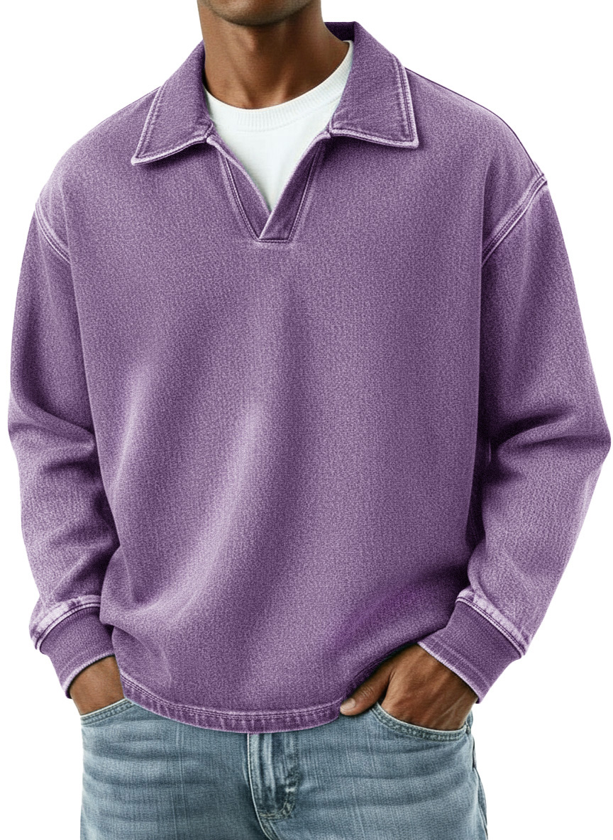 Men's Distressed Retro Fashion Lapel V-Neck Long-Sleeve Polo Shirt