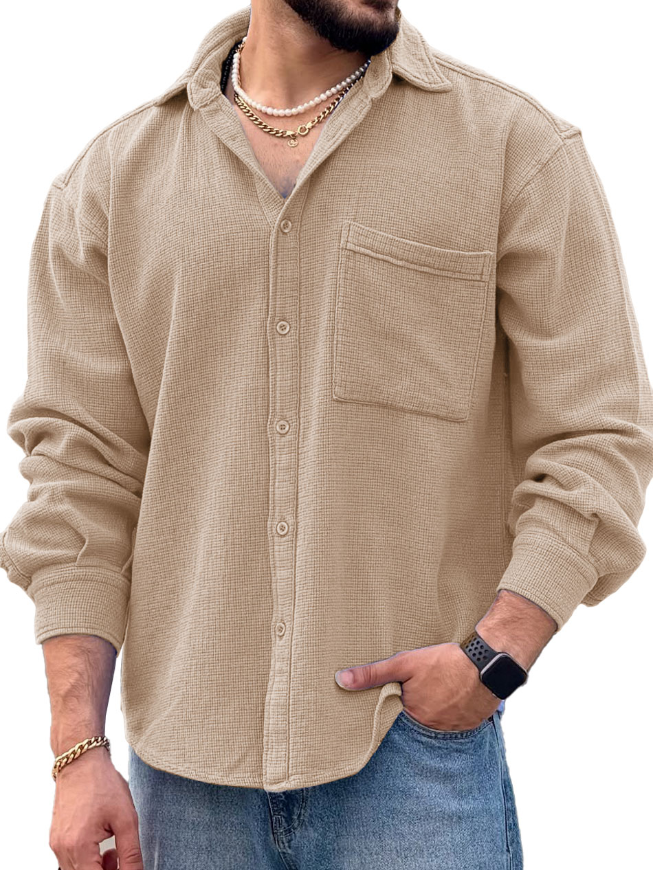 Men's Fashionable Casual Long-Sleeved Shirt with Turn-Down Collar and Pockets