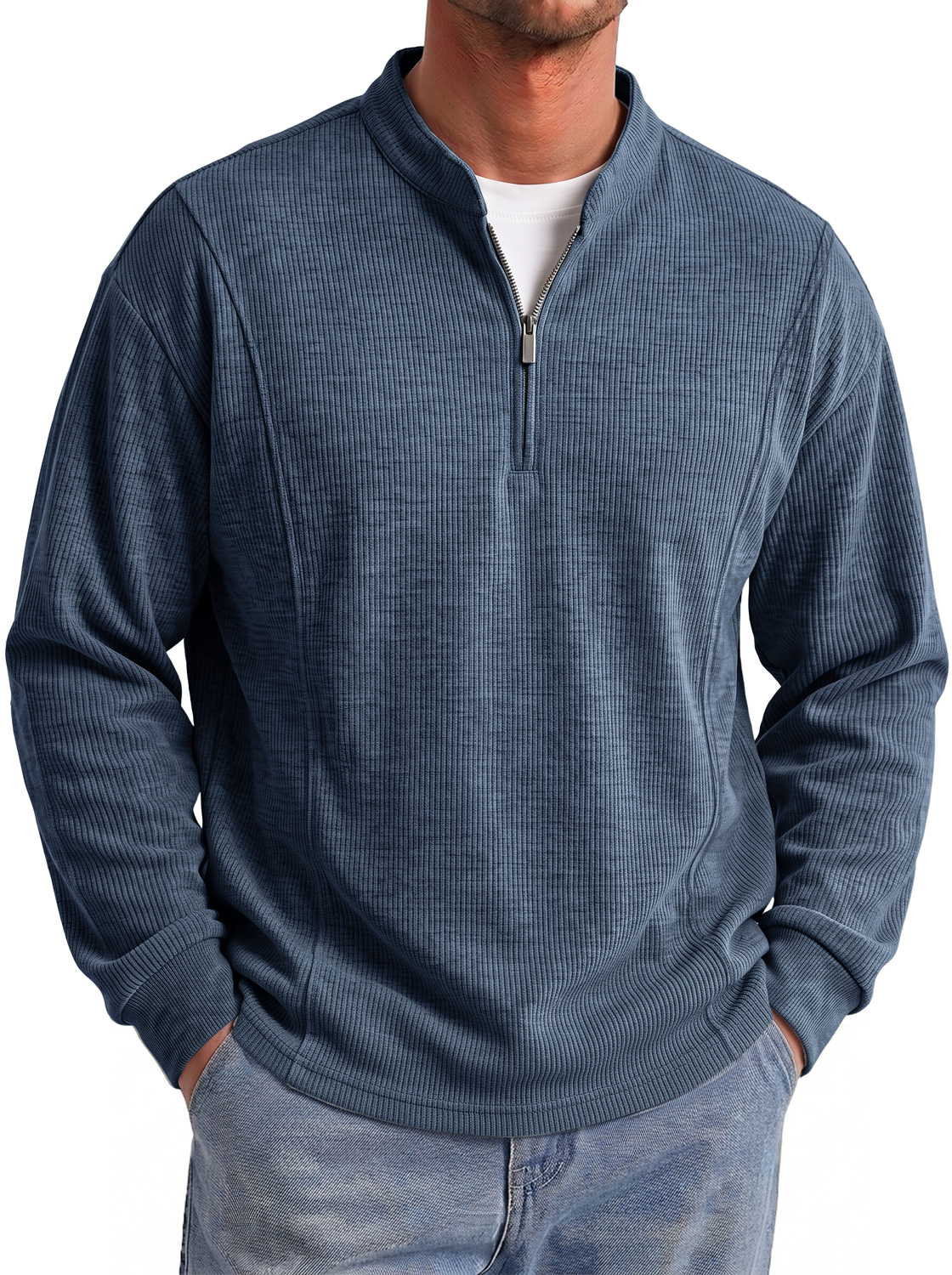 Men's Autumn Ribbed Stand-Collar Zip-Front Casual Long-Sleeve T-Shirt