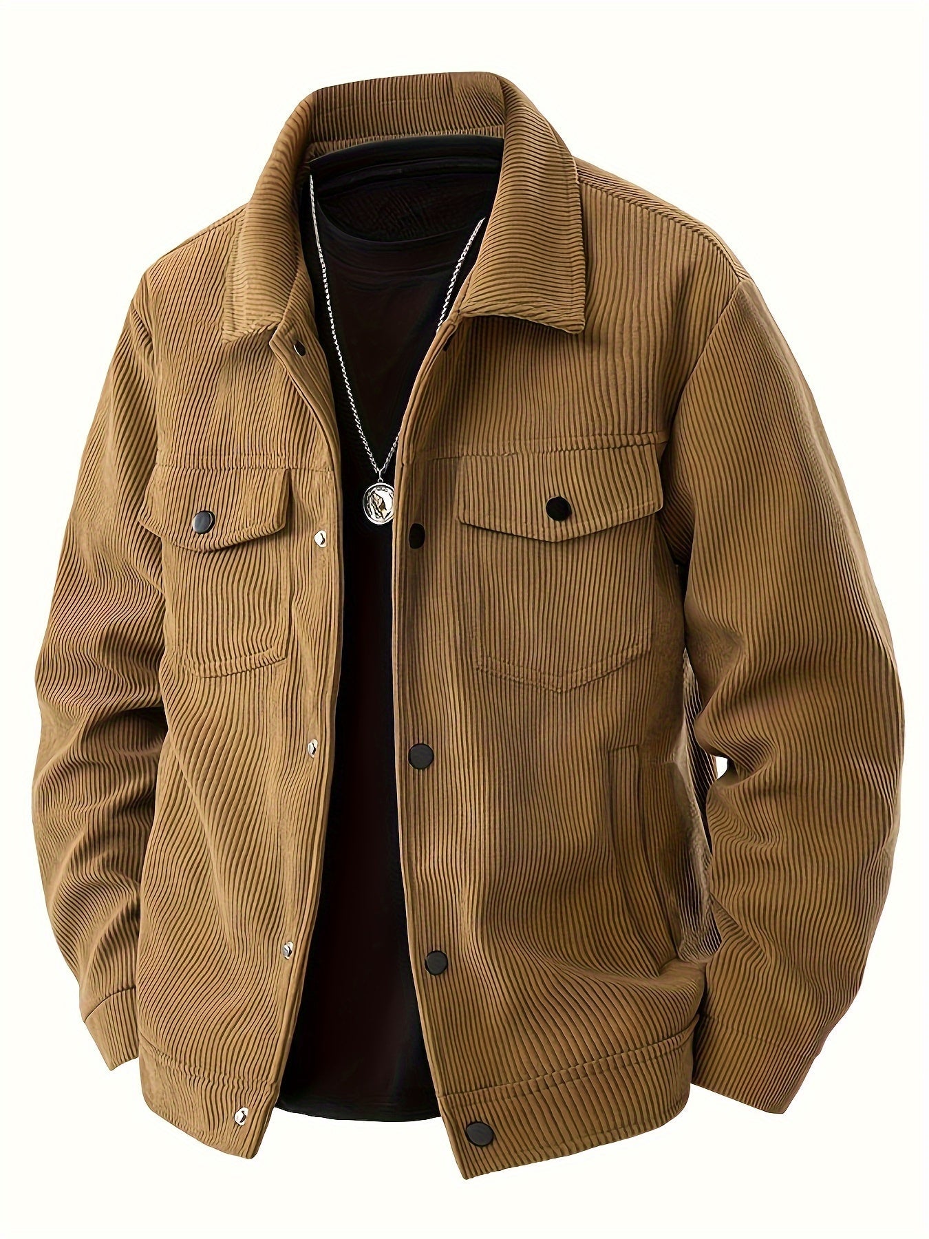 Trendy single-breasted coat with lapels in corduroy fabric.