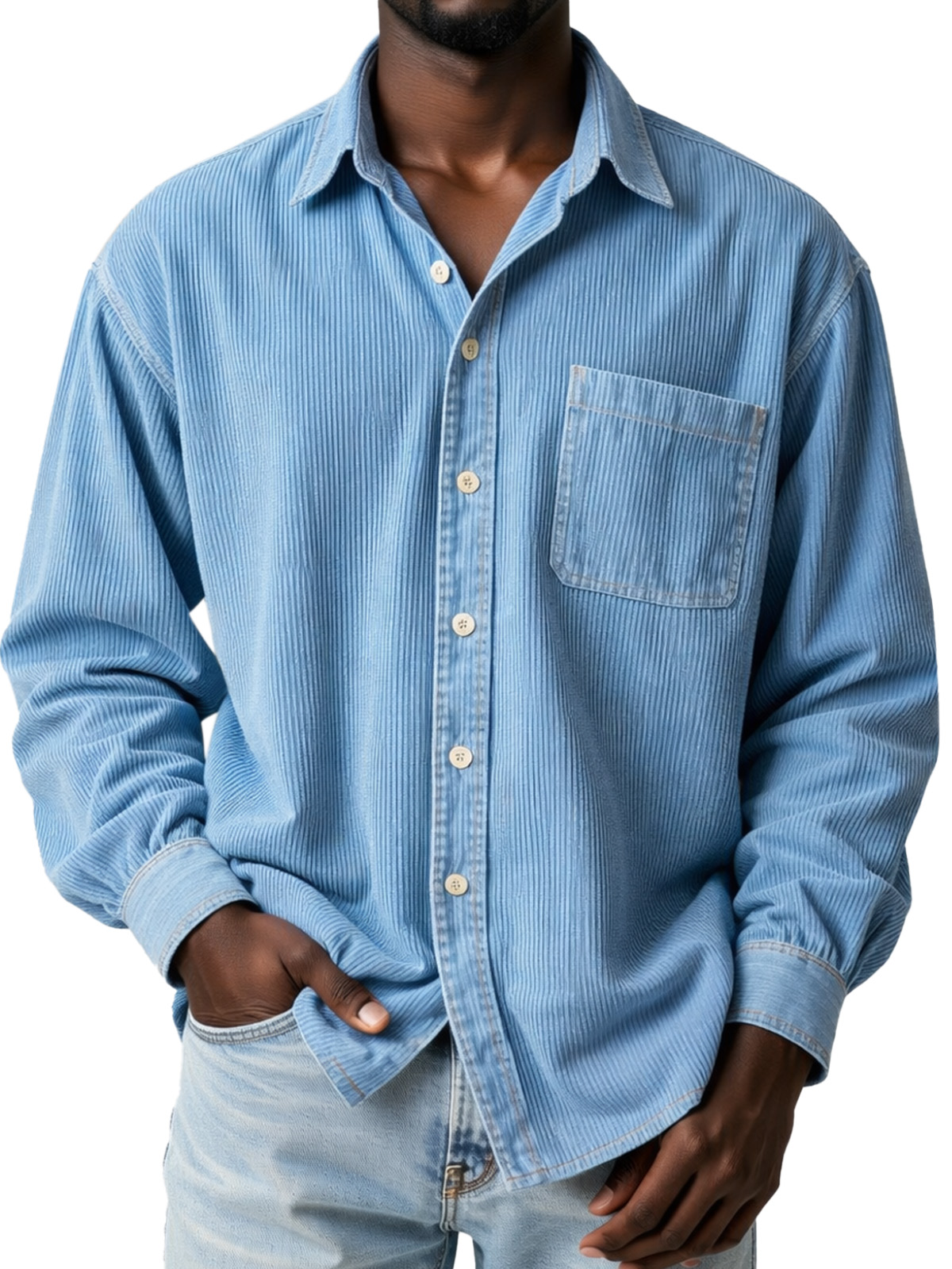 Everyday Casual Solid Color Corduroy Button-Up Long-Sleeved Shirt with Pockets
