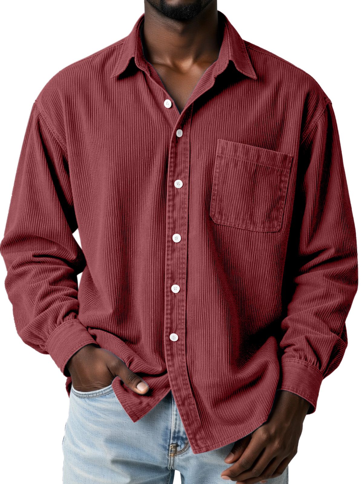 Everyday Casual Solid Color Corduroy Button-Up Long-Sleeved Shirt with Pockets