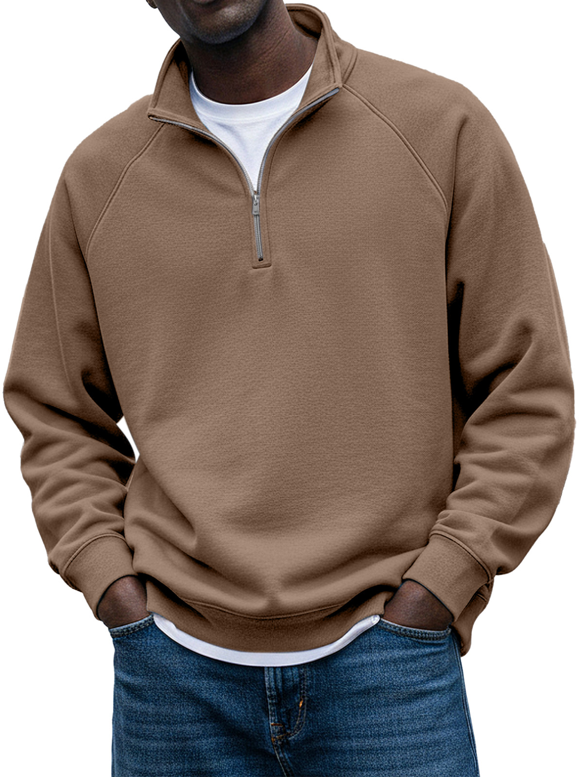 Men's Simple Solid Color Stand Collar Zipper Raglan Sleeve Design Sweatshirt