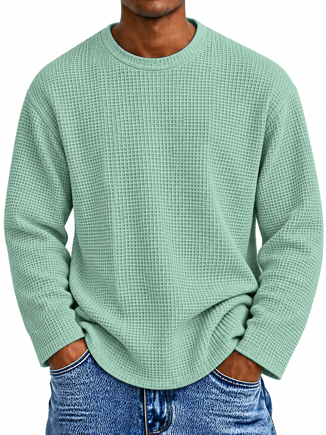 Men's Casual Everyday Waffle-Knit Crew-Neck Long-Sleeve T-Shirt