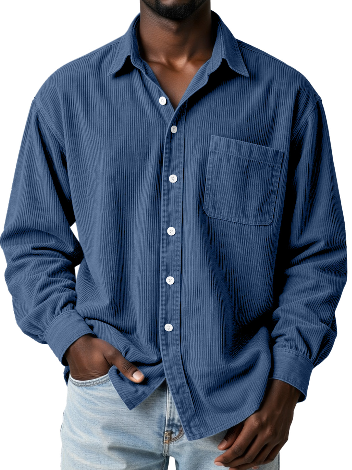 Everyday Casual Solid Color Corduroy Button-Up Long-Sleeved Shirt with Pockets