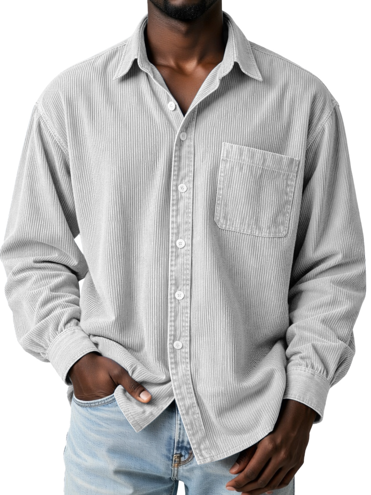 Everyday Casual Solid Color Corduroy Button-Up Long-Sleeved Shirt with Pockets