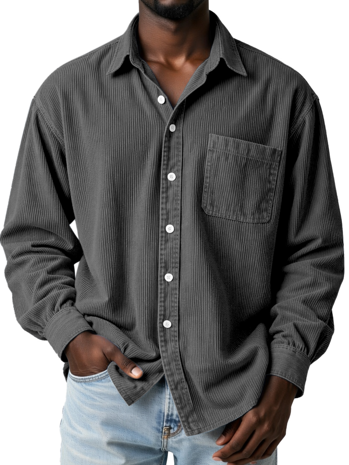 Everyday Casual Solid Color Corduroy Button-Up Long-Sleeved Shirt with Pockets