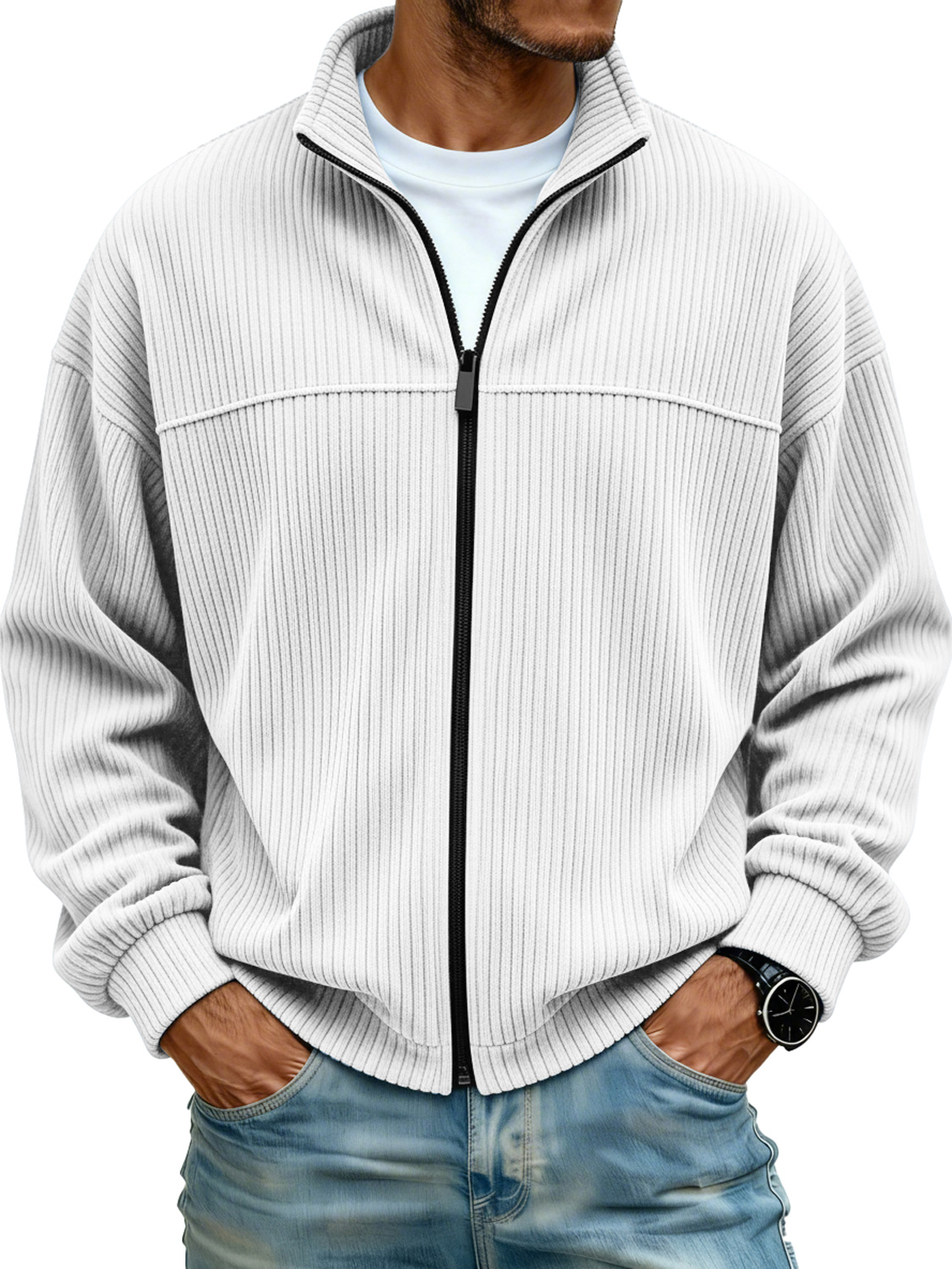 Men's Simple Stand Collar Ribbed Casual Loose-fitting Jacket