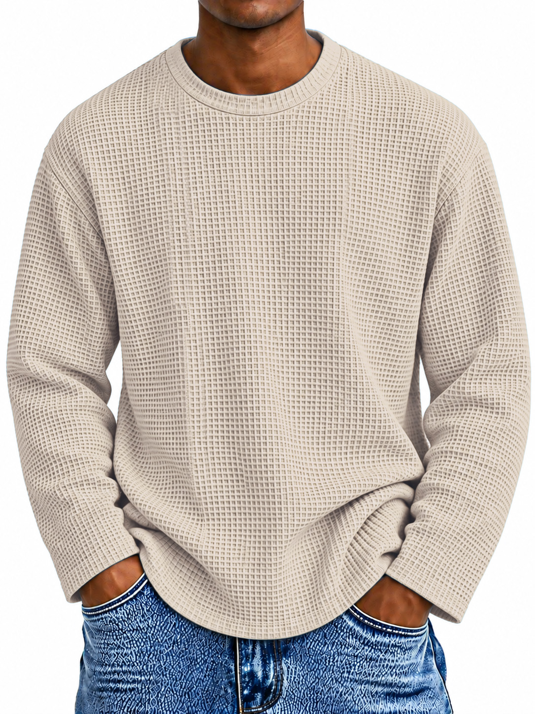 Men's Casual Everyday Waffle-Knit Crew-Neck Long-Sleeve T-Shirt
