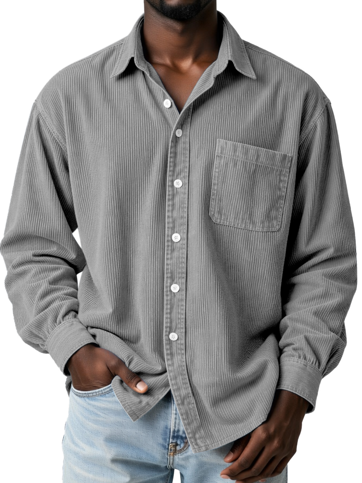 Everyday Casual Solid Color Corduroy Button-Up Long-Sleeved Shirt with Pockets