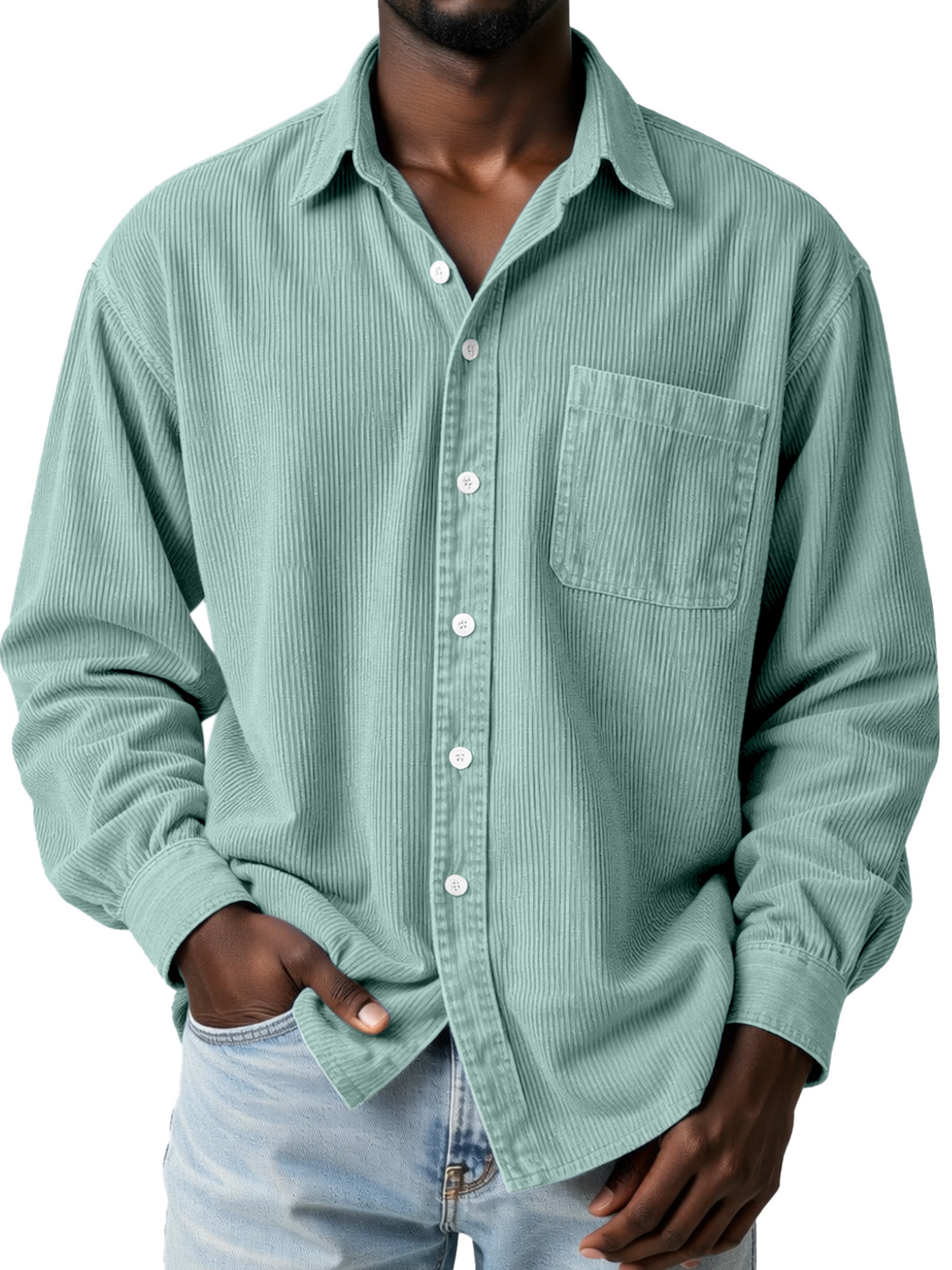 Everyday Casual Solid Color Corduroy Button-Up Long-Sleeved Shirt with Pockets