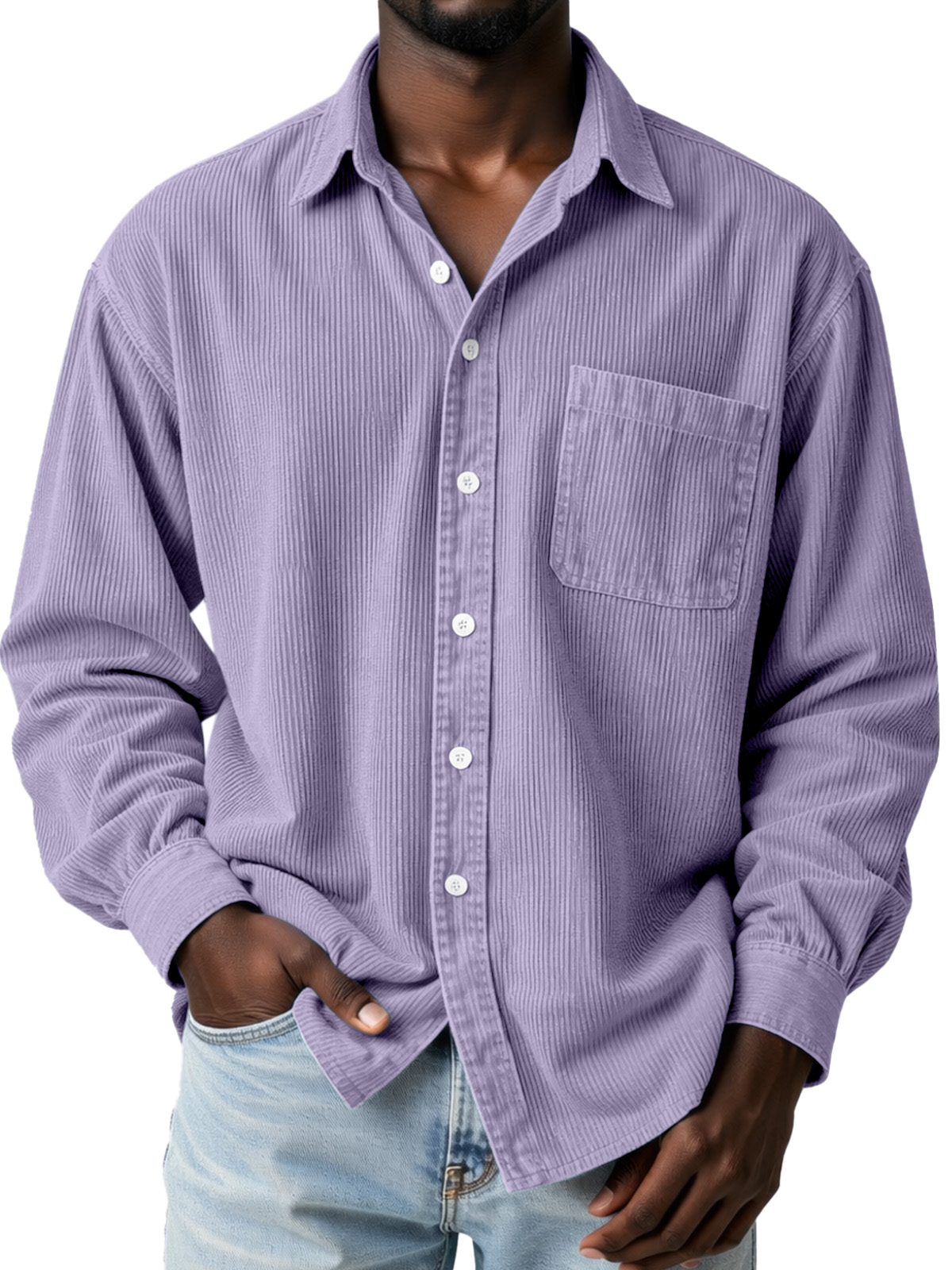 Everyday Casual Solid Color Corduroy Button-Up Long-Sleeved Shirt with Pockets