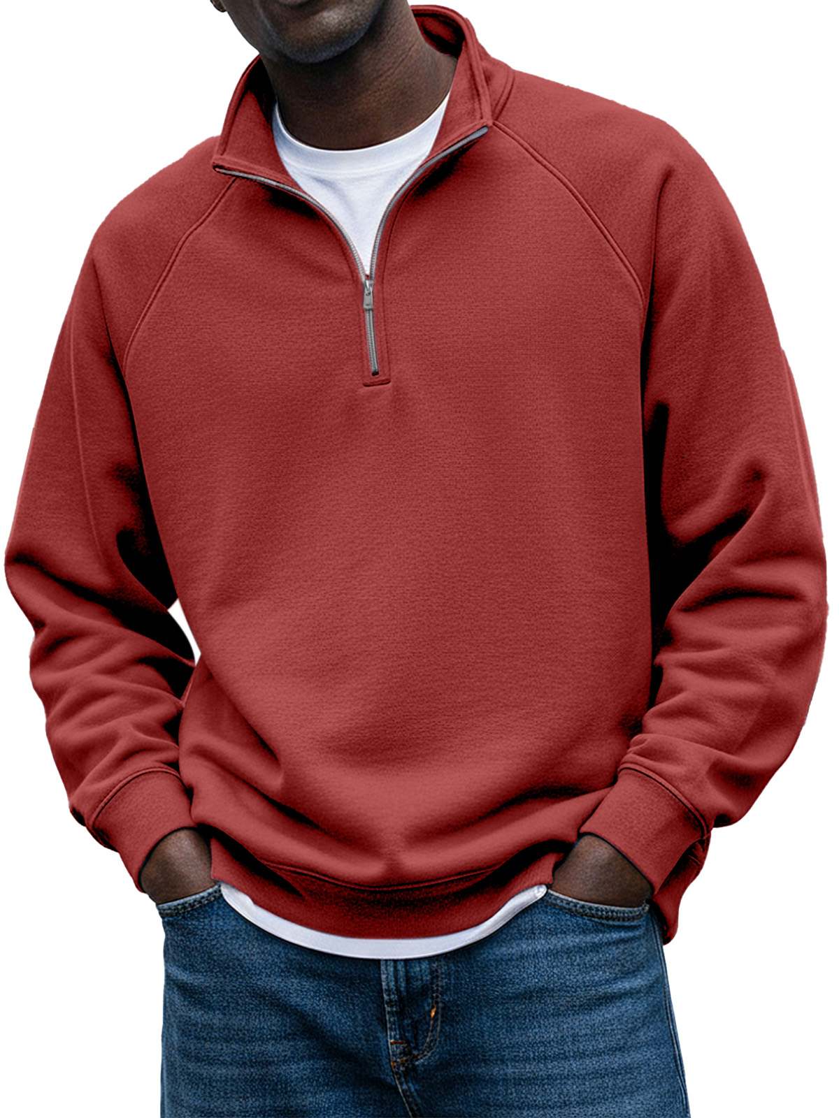 Men's Simple Solid Color Stand Collar Zipper Raglan Sleeve Design Sweatshirt