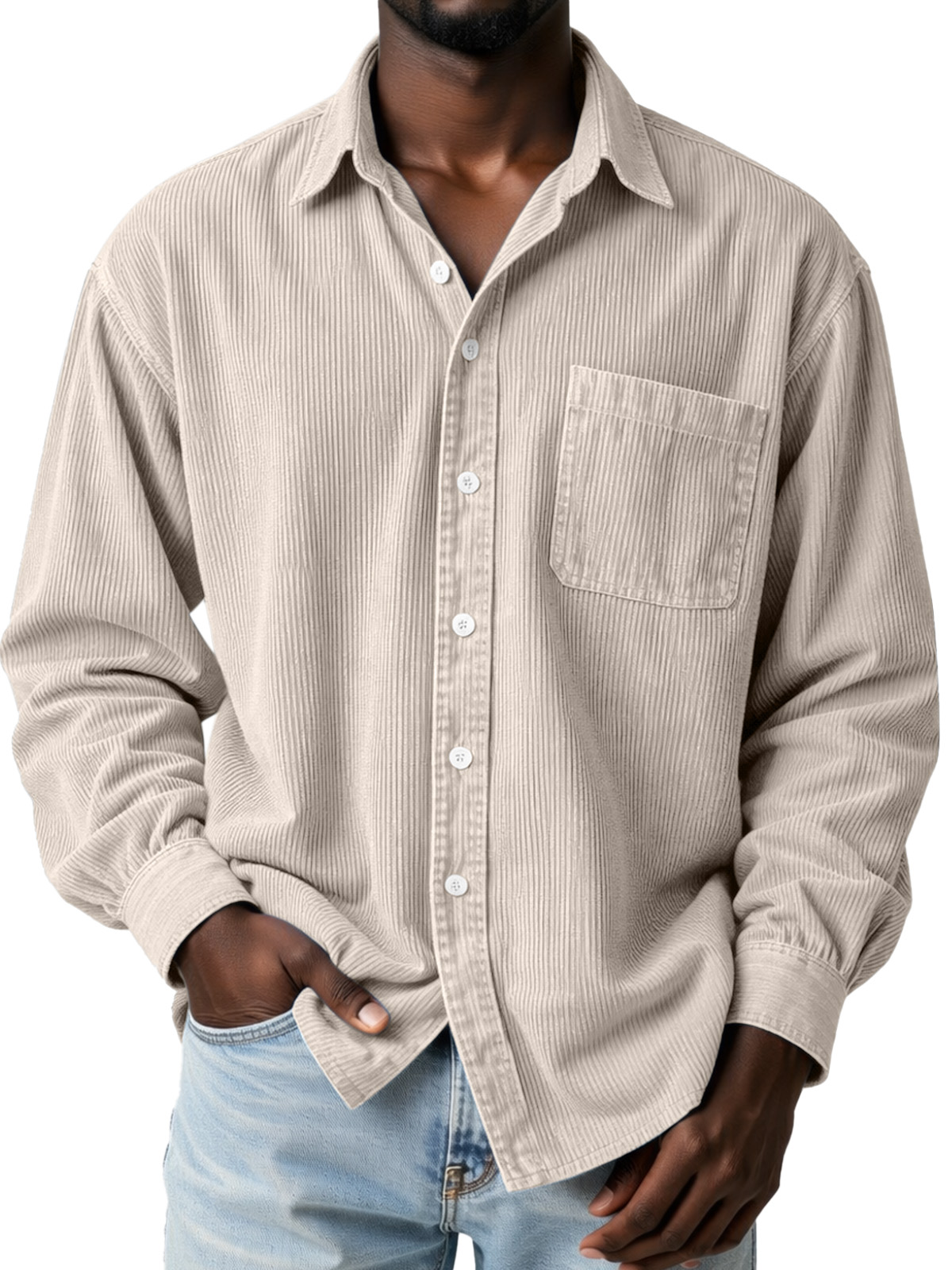 Everyday Casual Solid Color Corduroy Button-Up Long-Sleeved Shirt with Pockets