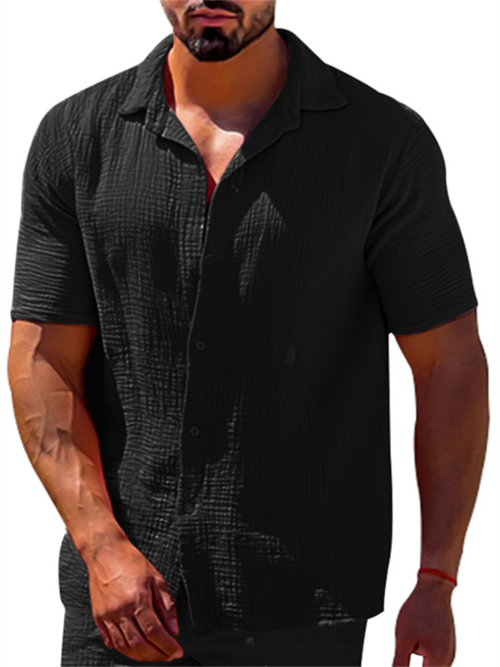 Summer Casual Lapel Solid Color Short Sleeve Button Men's Linen Shirt