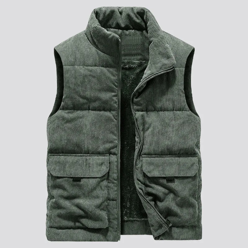 Men's corduroy stand-up collar vest with multiple pockets (fleece-lined and thickened)