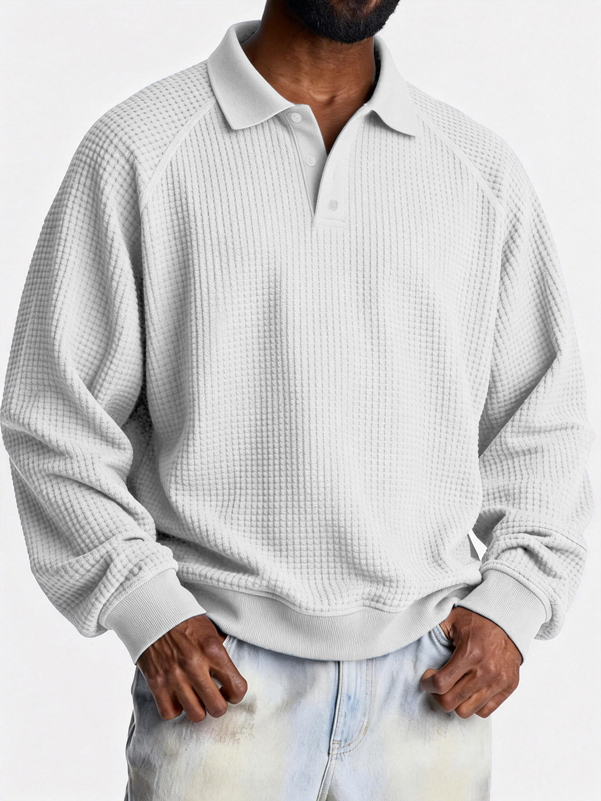 Men's Fashionable Casual Waffle Fabric Raglan Loose-Fit Collar Polo Shirt
