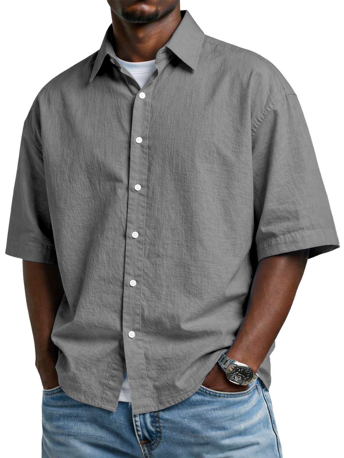 Men's Simple And Comfortable Cotton Button-down Short-sleeved Shirt