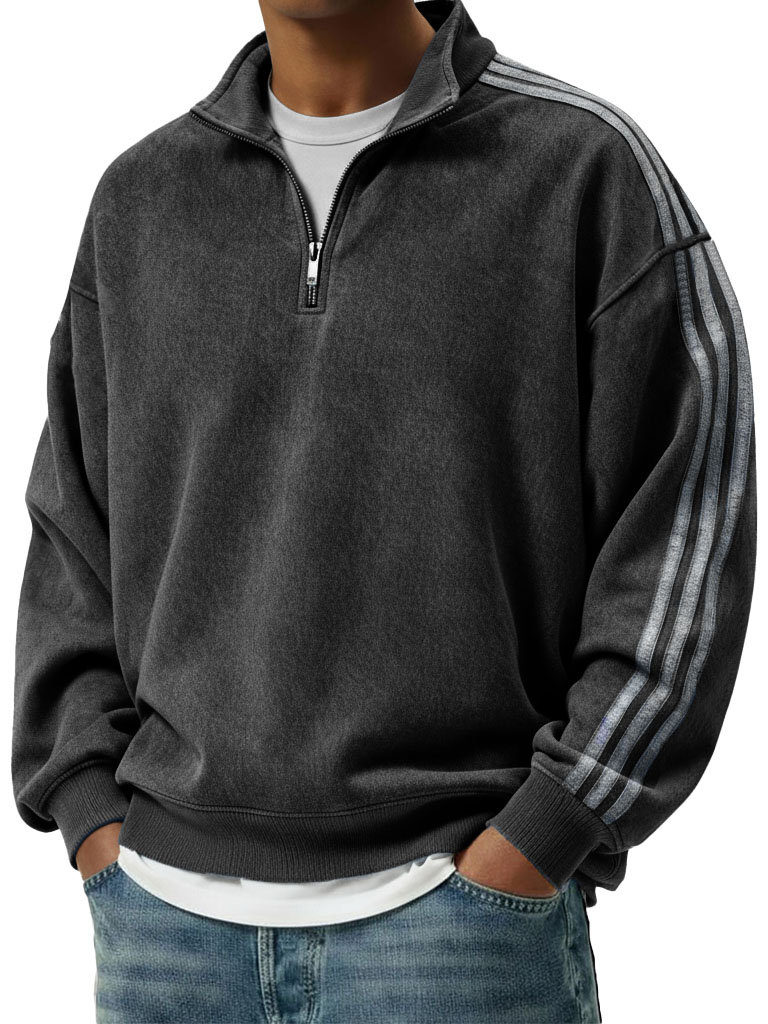 Men's Retro Fashion Distressed Striped Patchwork Stand Collar Long-Sleeve Sweatshirt