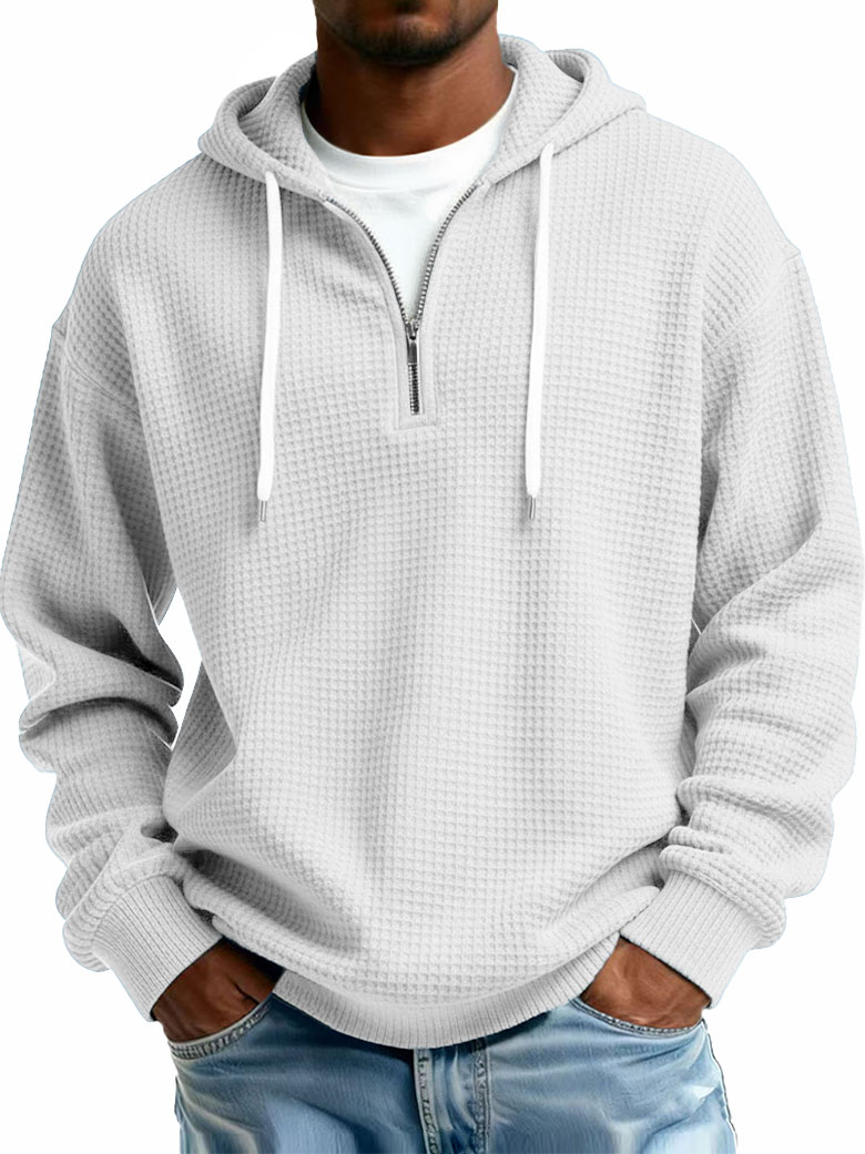 Men's Stylish Casual Waffle Fabric Half-zip Hooded Sweatshirt 