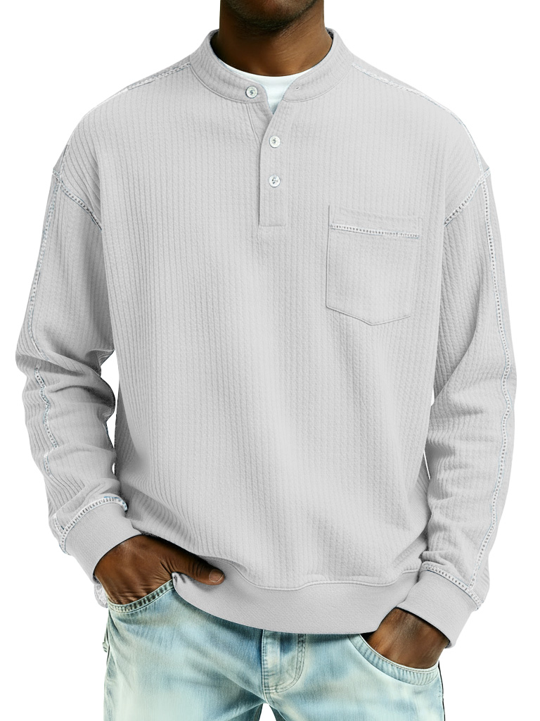 Men's Fashion Casual Contrast Waffle Fabric Pocket Long-Sleeve Henley Shirt