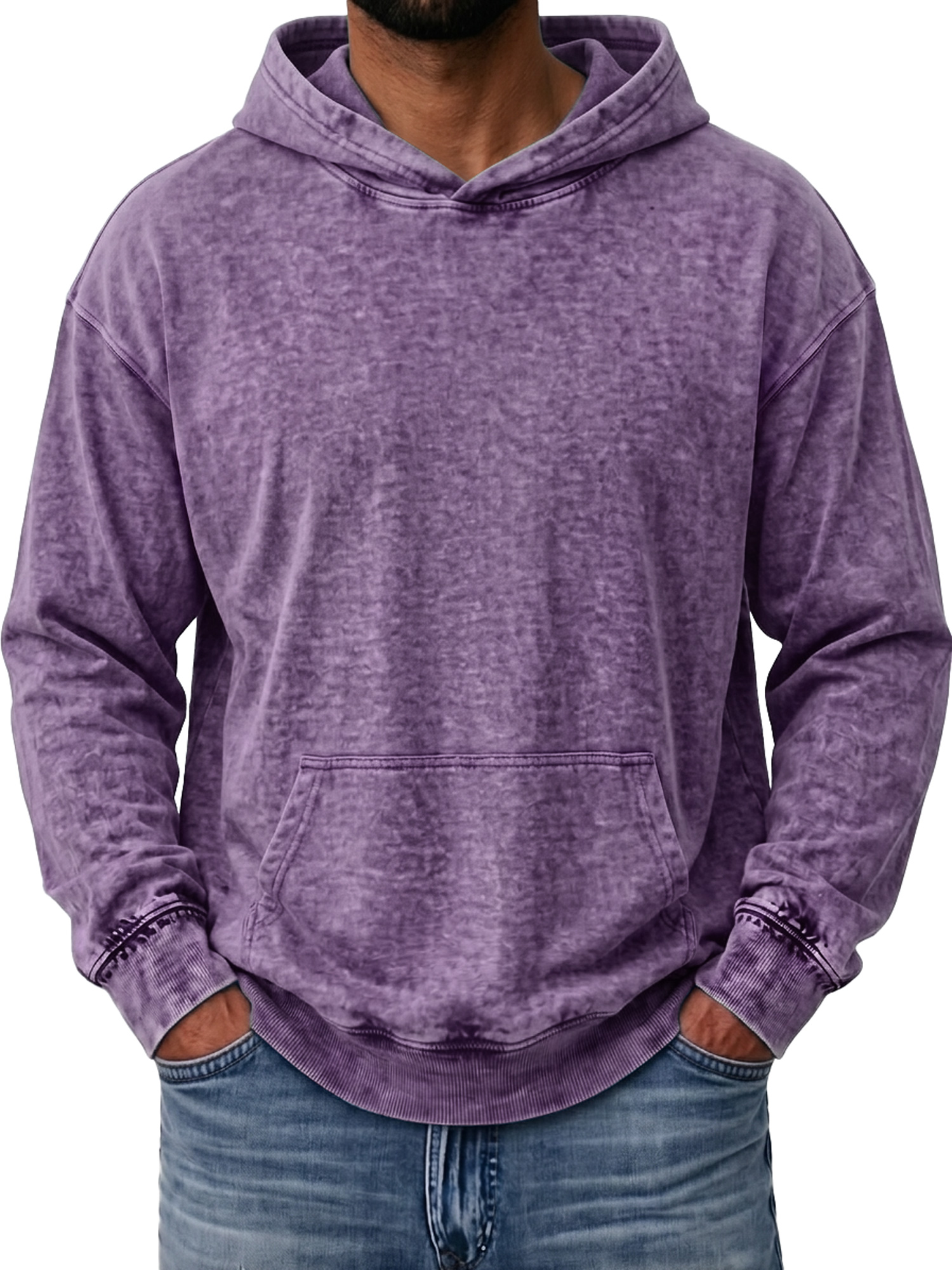 Men's Washed Cotton Hooded Sweatshirt with Pockets and Distressed Finish