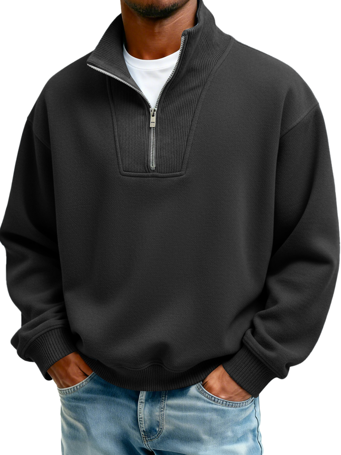 Men's Stand Collar Zipper Ribbed Panel Casual Long-Sleeve Sweatshirt