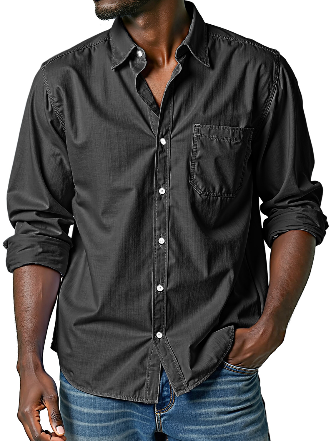 Men's Comfortable Lapel Casual Solid Color Long-sleeved Shirt