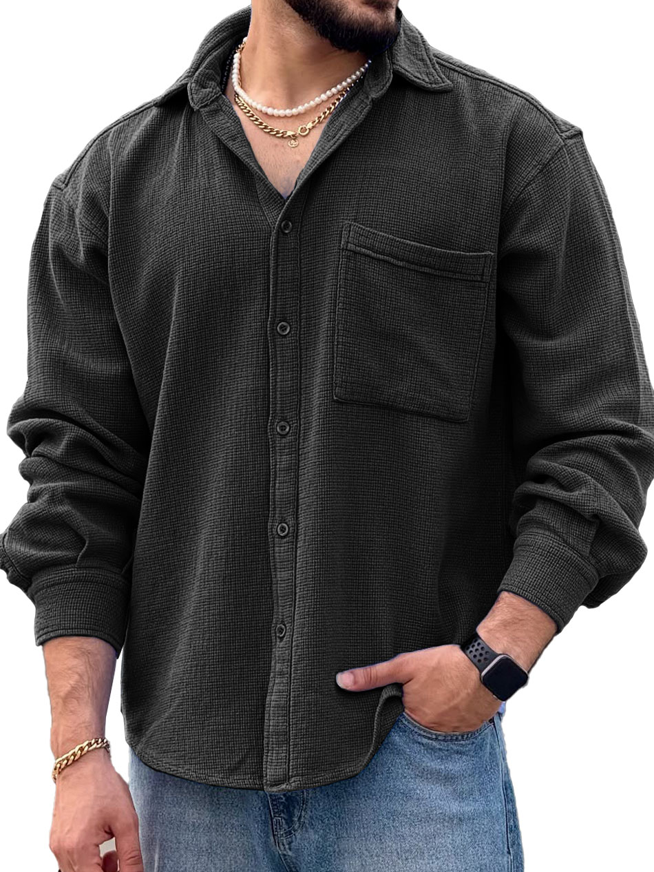 Men's Fashionable Casual Long-Sleeved Shirt with Turn-Down Collar and Pockets