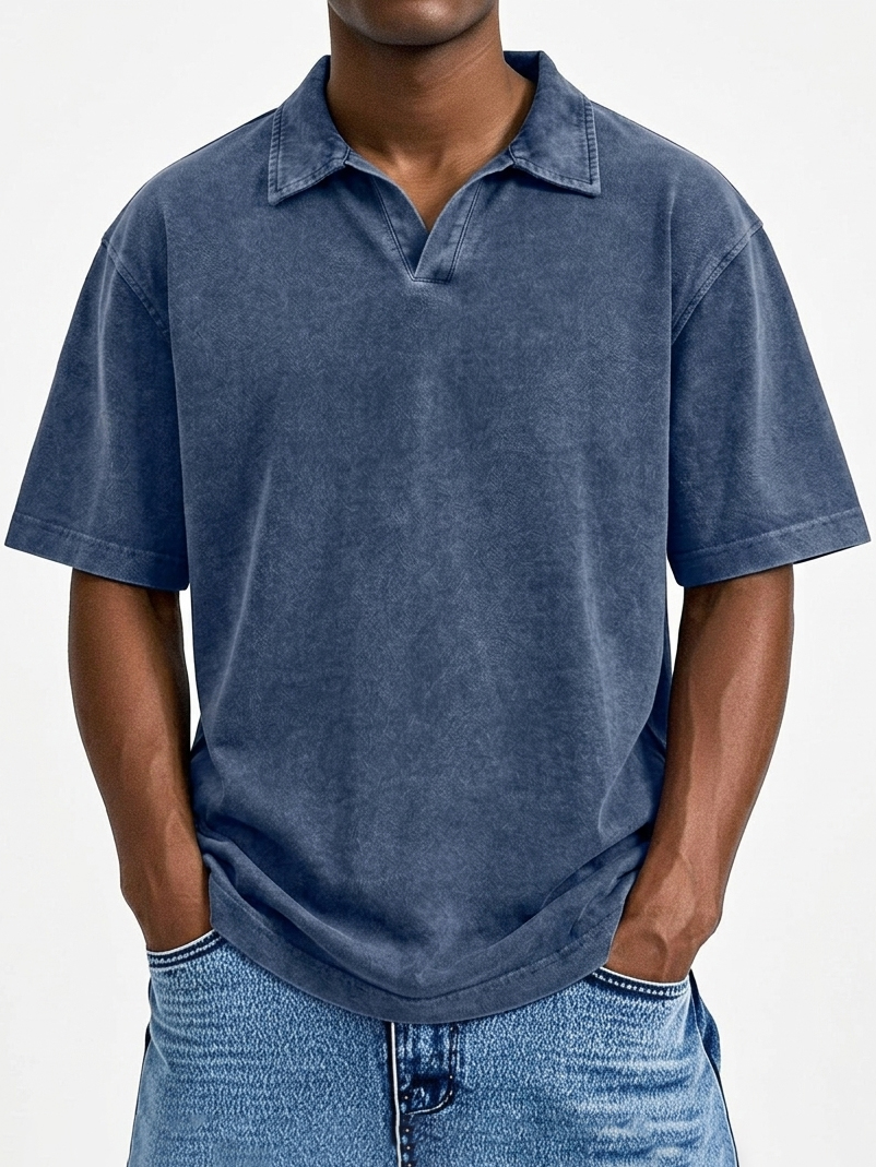 Men's Vintage Distressed Loose-Fit Casual Seagull Collar Short-Sleeve Polo Shirt