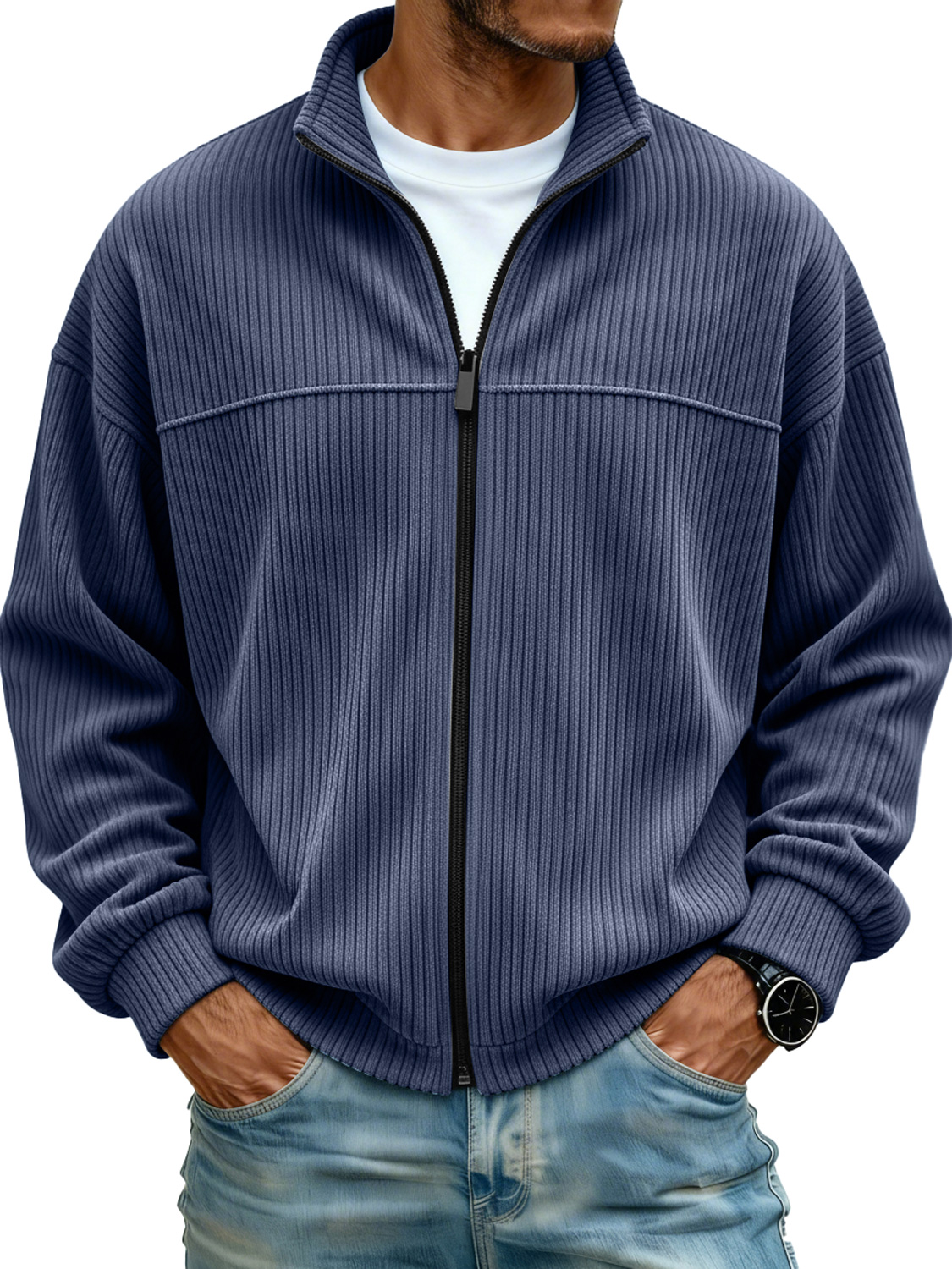 Men's Simple Stand Collar Ribbed Casual Loose-fitting Jacket