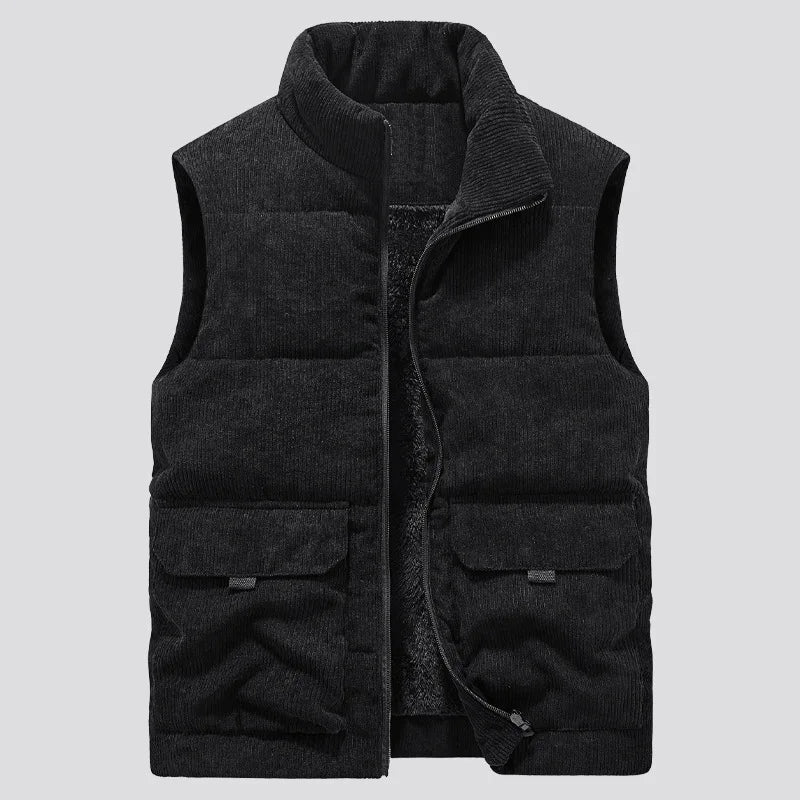 Men's corduroy stand-up collar vest with multiple pockets (fleece-lined and thickened)