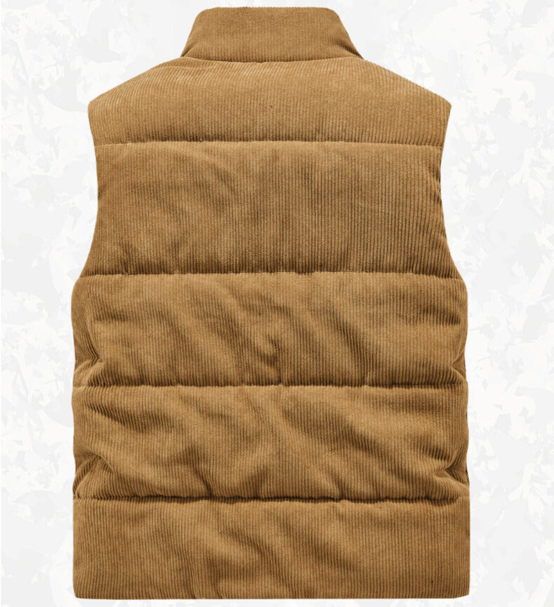 Men's corduroy stand-up collar vest with multiple pockets (fleece-lined and thickened)