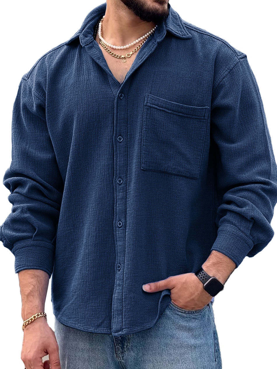 Men's Fashionable Casual Long-Sleeved Shirt with Turn-Down Collar and Pockets