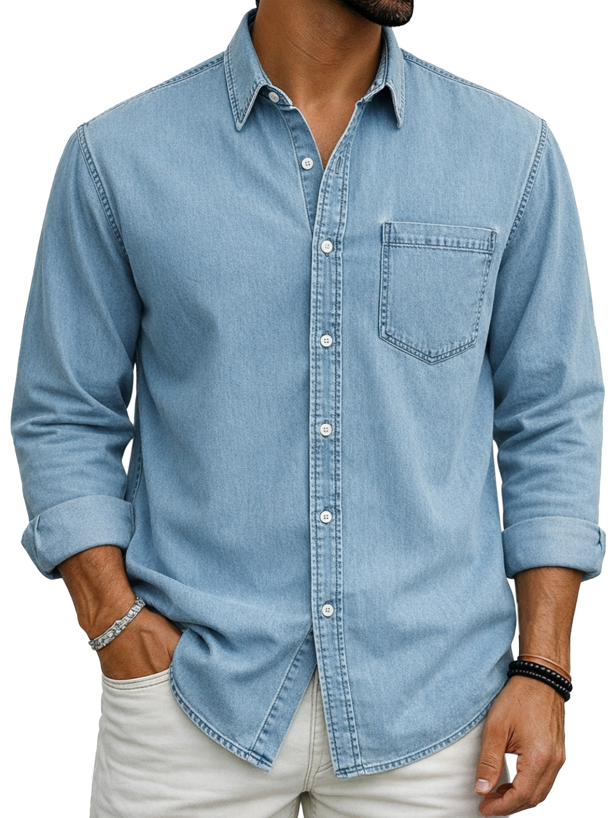 Retro Casual Simple Solid Color Long-Sleeve Polo Shirt with Chest Pocket