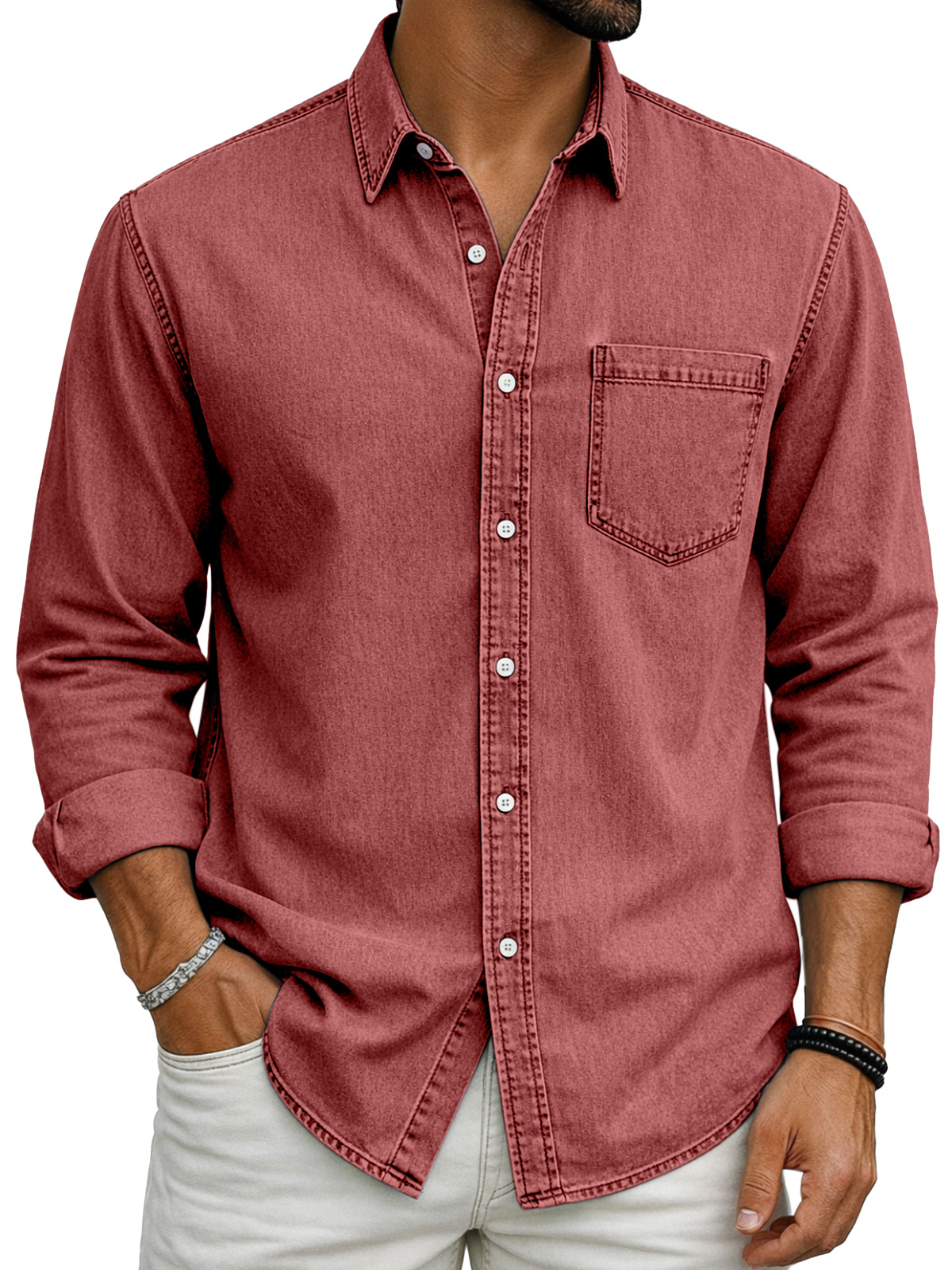 Retro Casual Simple Solid Color Long-Sleeve Polo Shirt with Chest Pocket