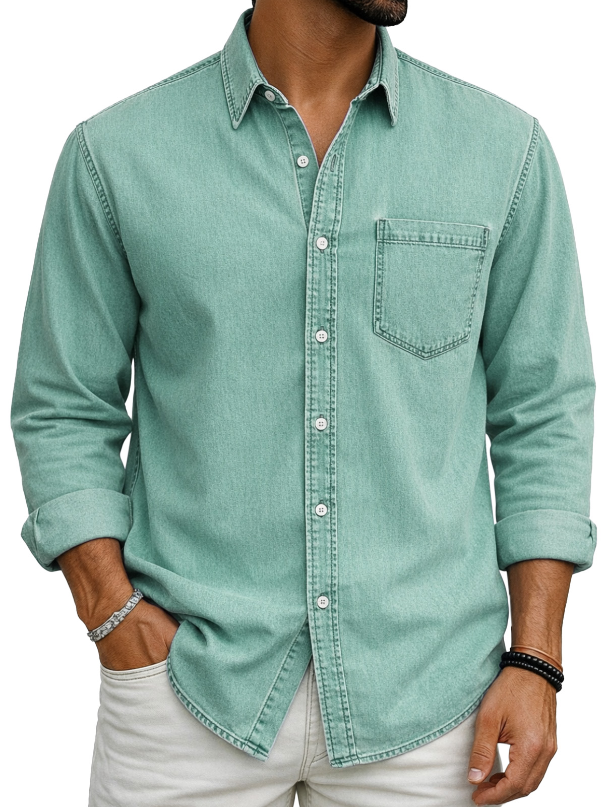 Retro Casual Simple Solid Color Long-Sleeve Polo Shirt with Chest Pocket