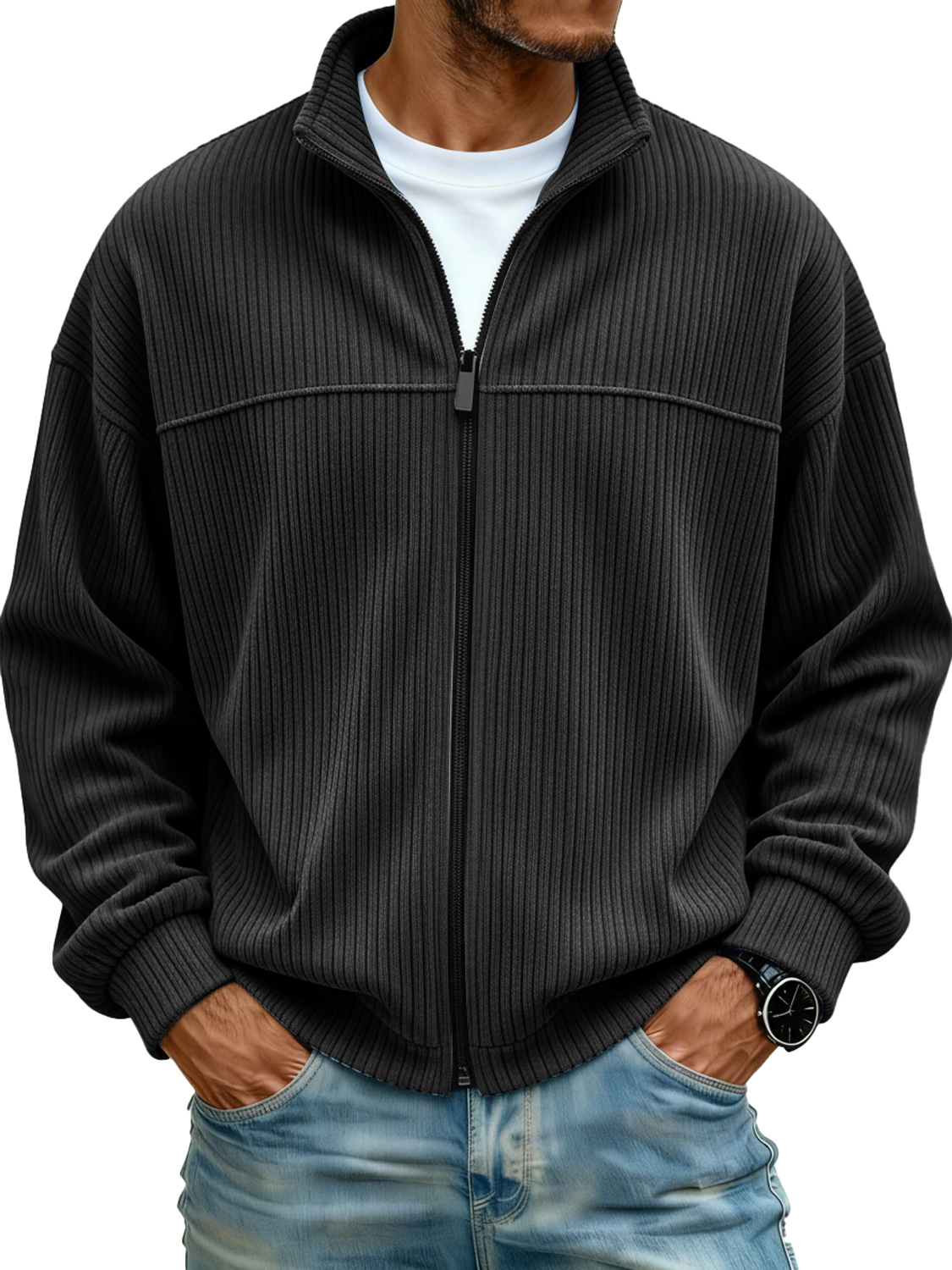 Men's Simple Stand Collar Ribbed Casual Loose-fitting Jacket