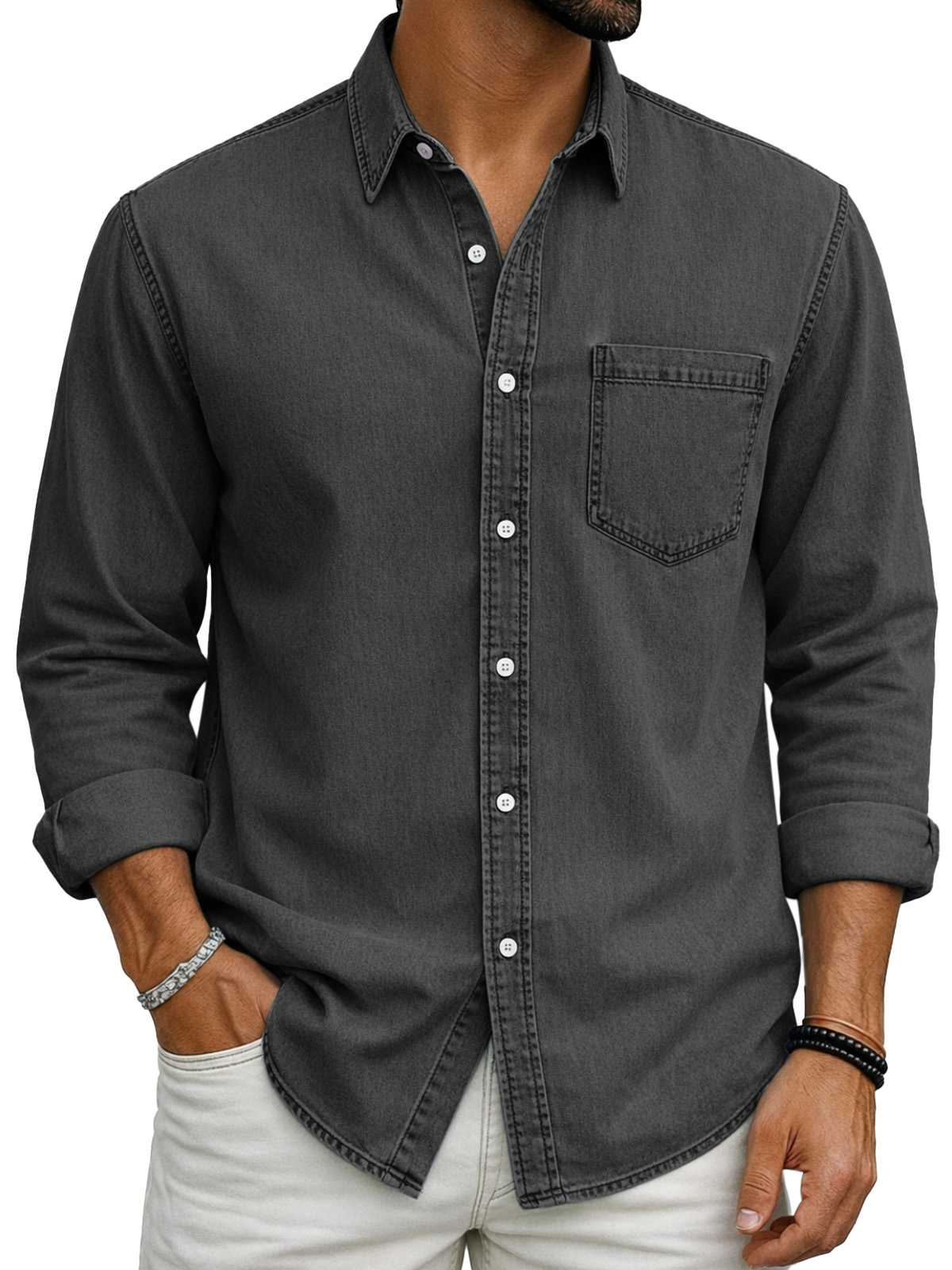 Retro Casual Simple Solid Color Long-Sleeve Polo Shirt with Chest Pocket