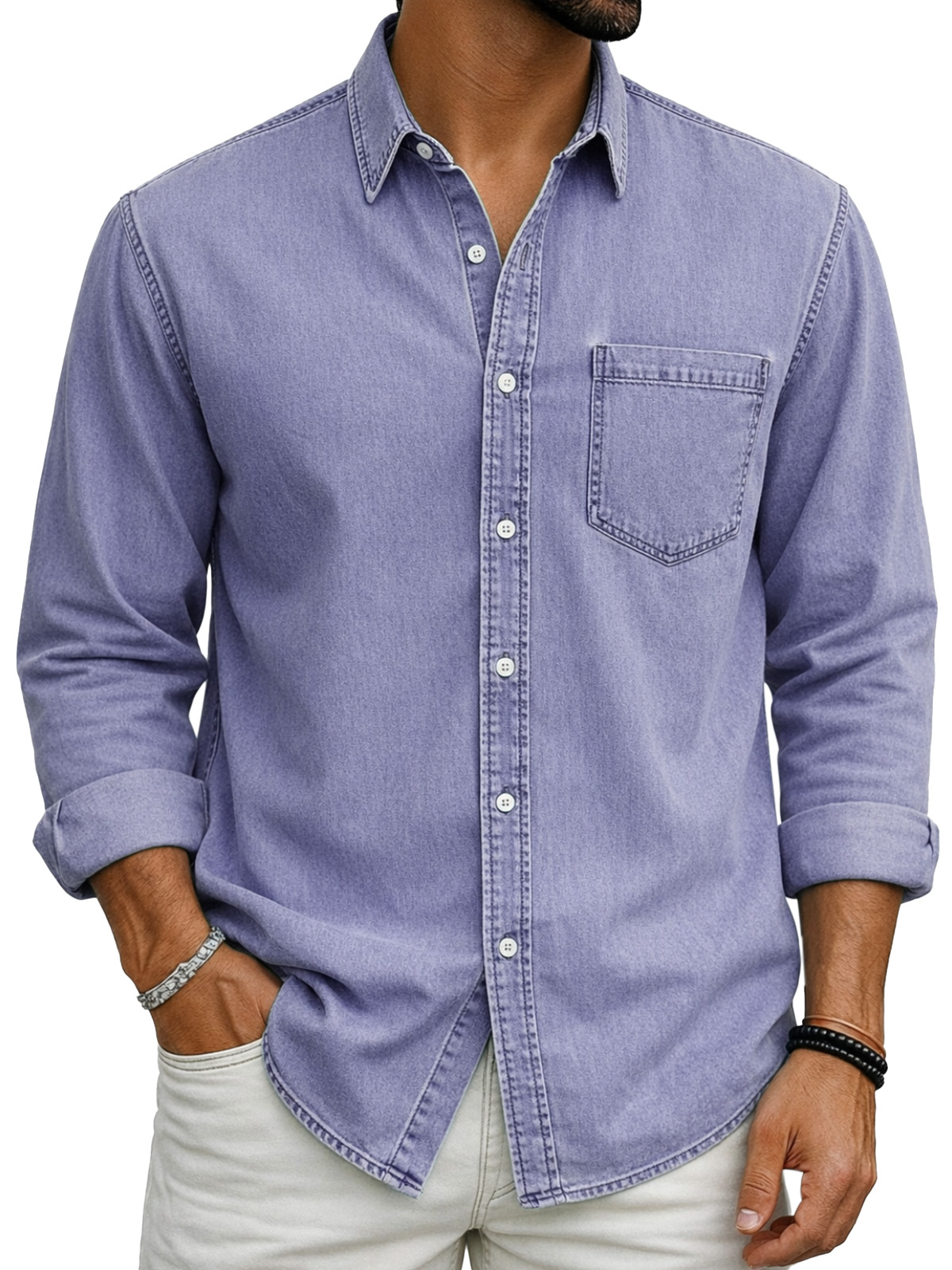 Retro Casual Simple Solid Color Long-Sleeve Polo Shirt with Chest Pocket