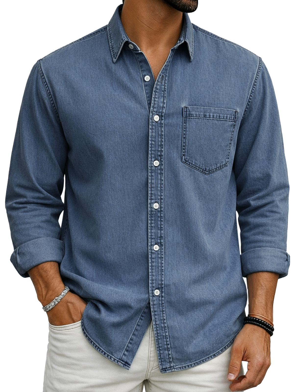 Retro Casual Simple Solid Color Long-Sleeve Polo Shirt with Chest Pocket