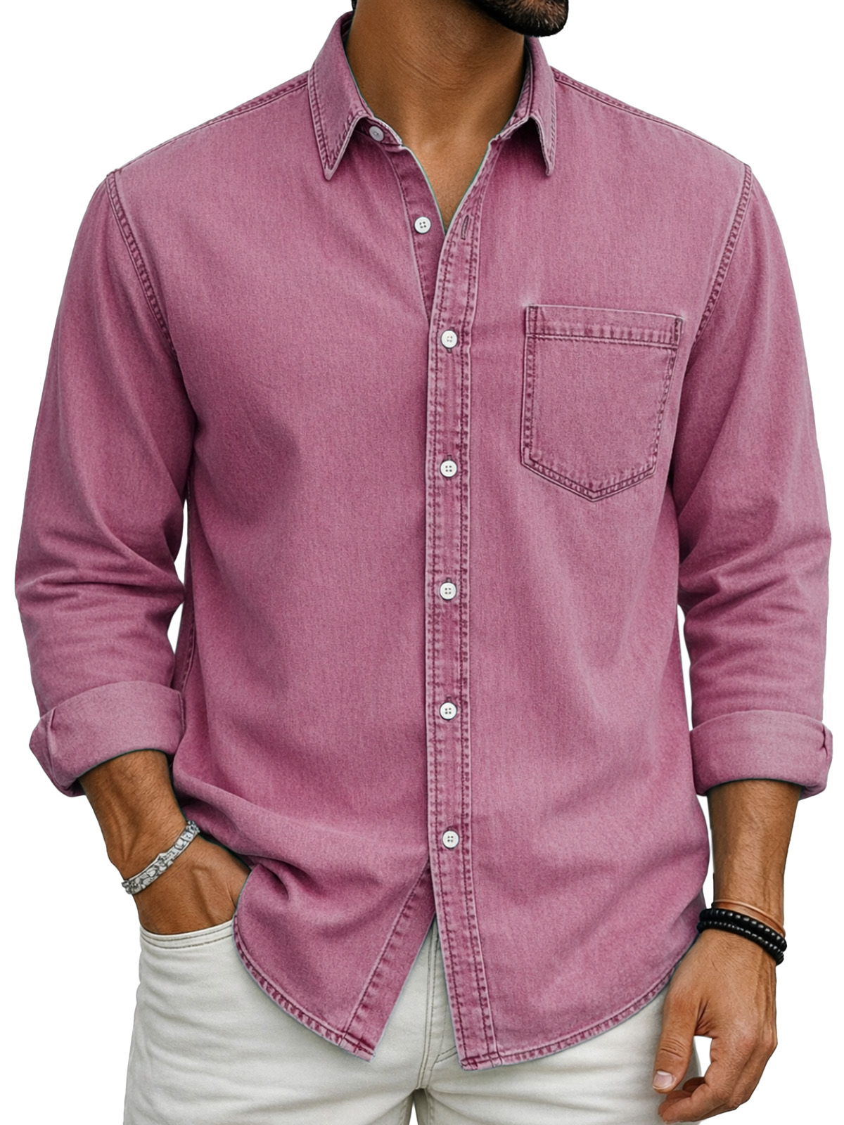 Retro Casual Simple Solid Color Long-Sleeve Polo Shirt with Chest Pocket