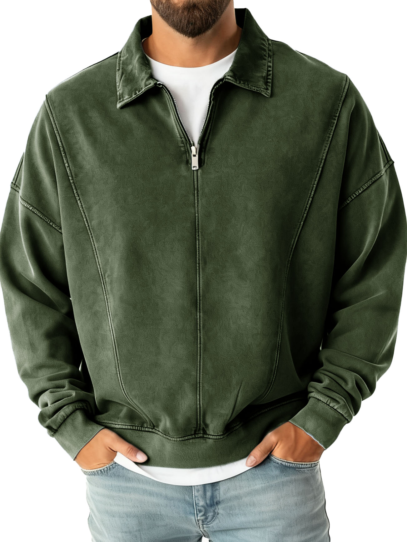 Men's Fashion Casual Stitching Lapel Zippered Polo Shirt