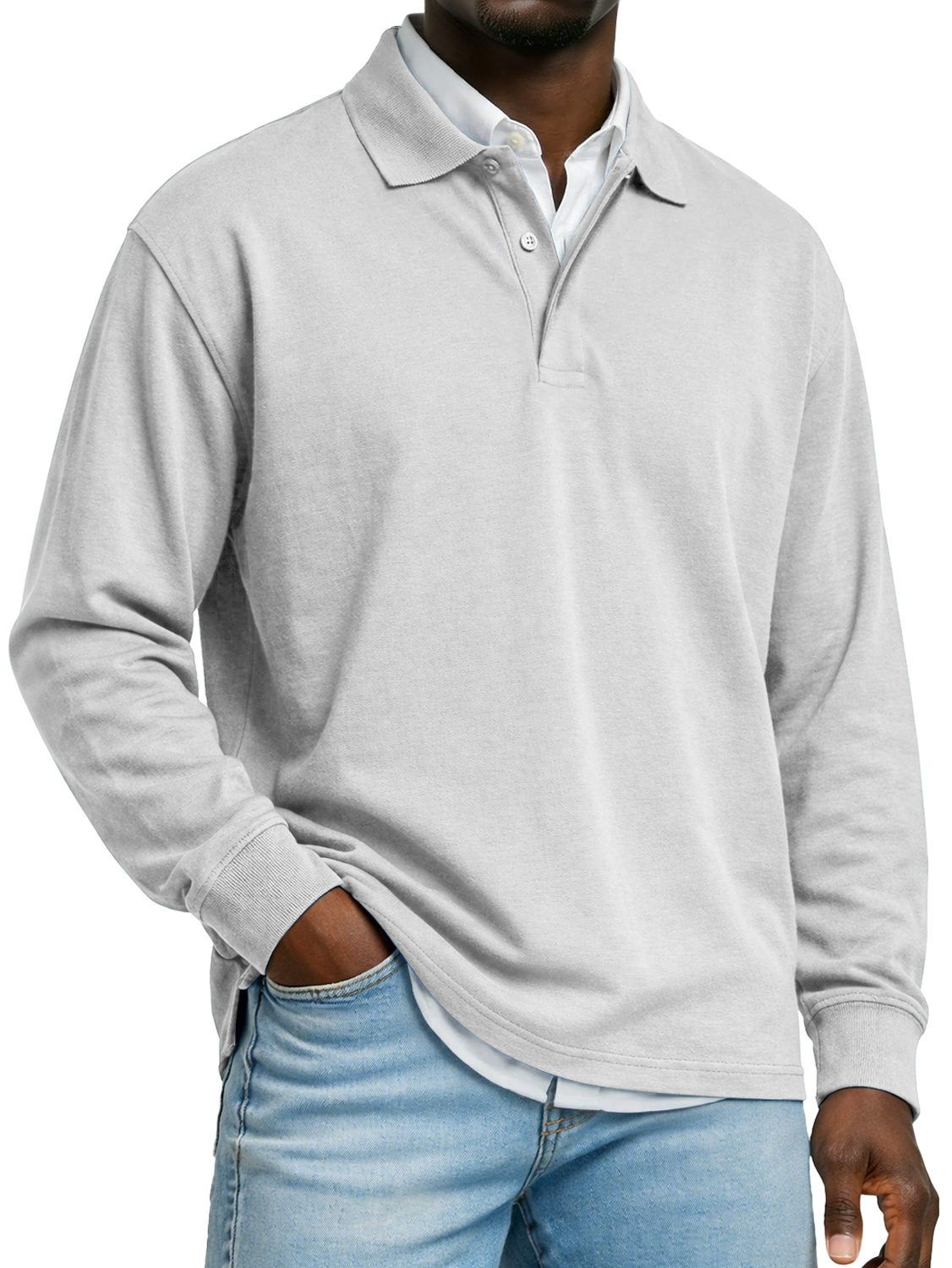Men's Pure Cotton Long-sleeved Casual Polo Shirt With A Double-layered Placket And Collar Design