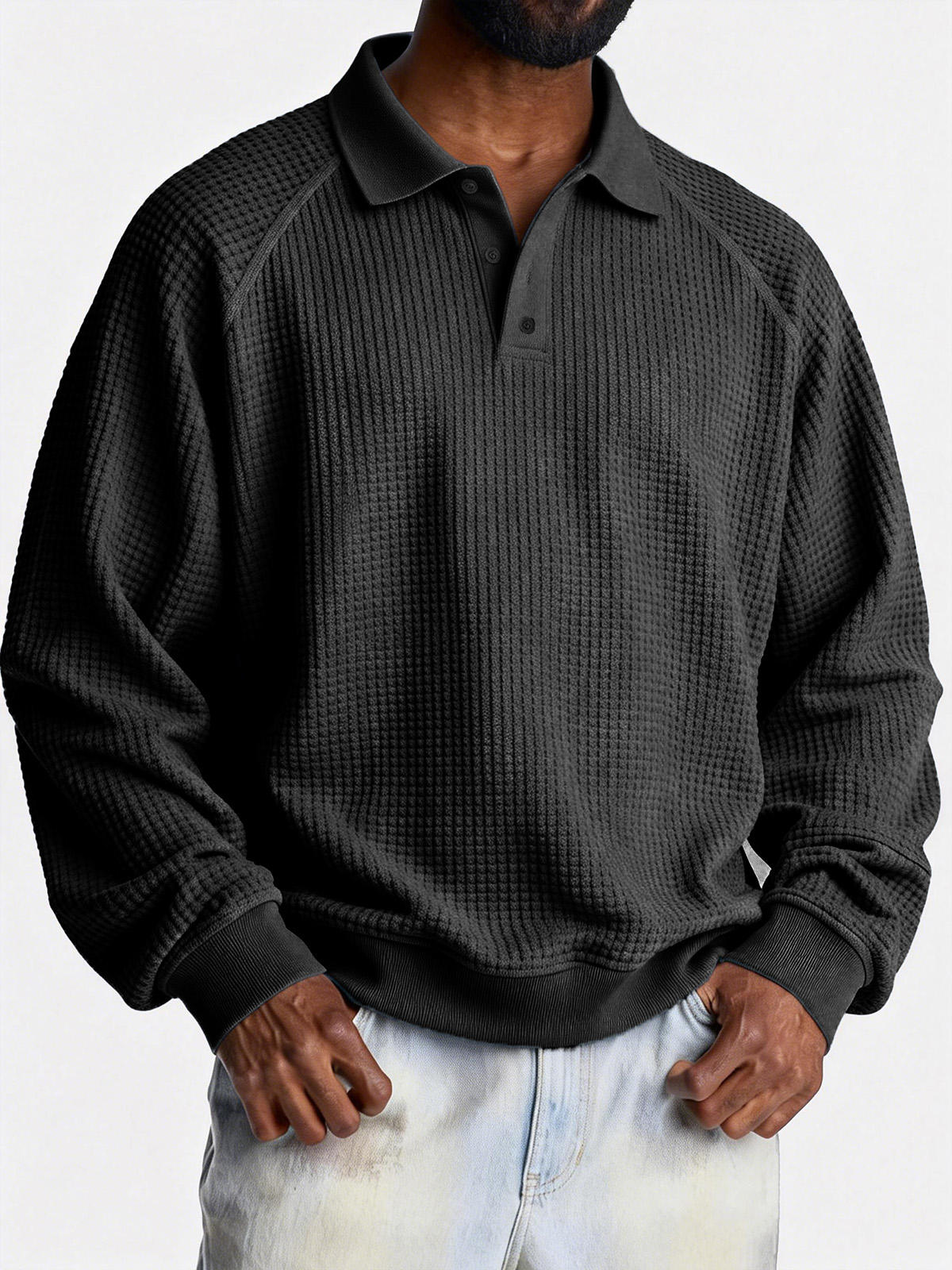 Men's Fashionable Casual Waffle Fabric Raglan Loose-Fit Collar Polo Shirt