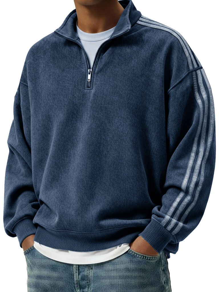 Men's Retro Fashion Distressed Striped Patchwork Stand Collar Long-Sleeve Sweatshirt