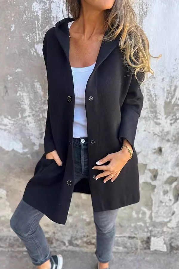 SOLID COLOR CASUAL LONG SLEEVE SINGLE BREASTED HOODED JACKET