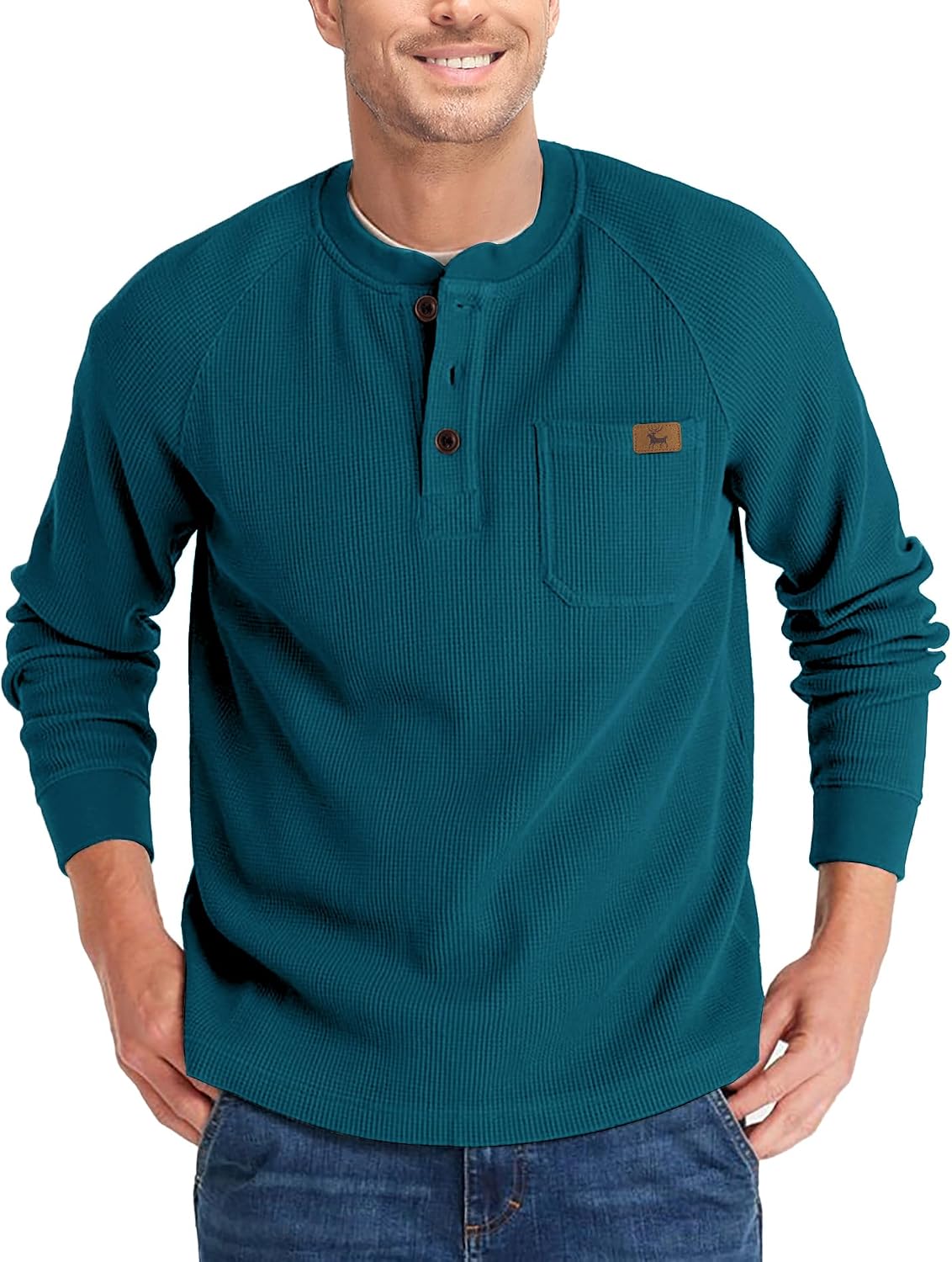  Men's Casual Waffle Thermal Fashion Pullover 3-Button T-Shirt with Pocket